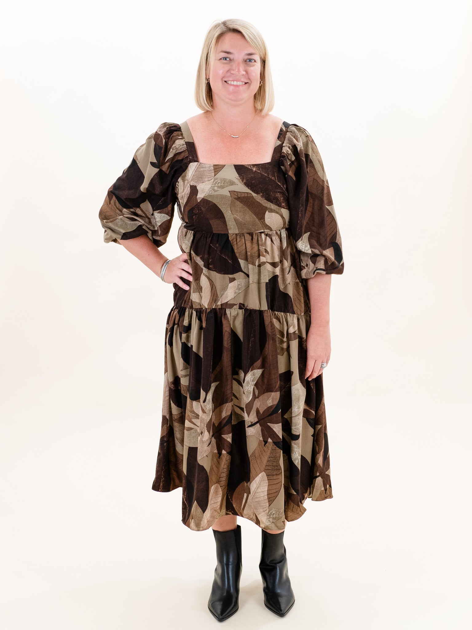 Leaf Printed 3/4 Sleeve Midi by Entro