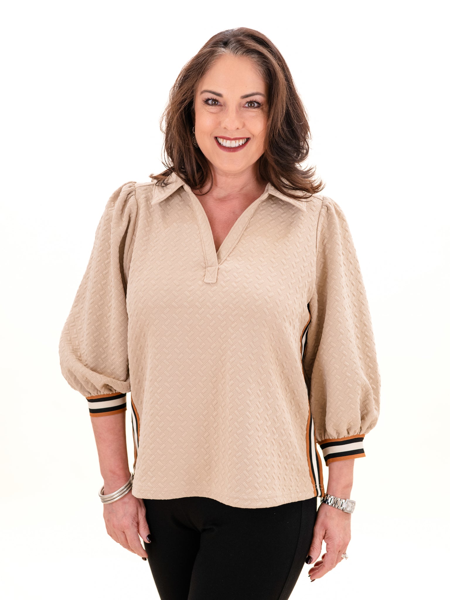 Embossed Puff Sleeve Henley Top Taupe by Entro