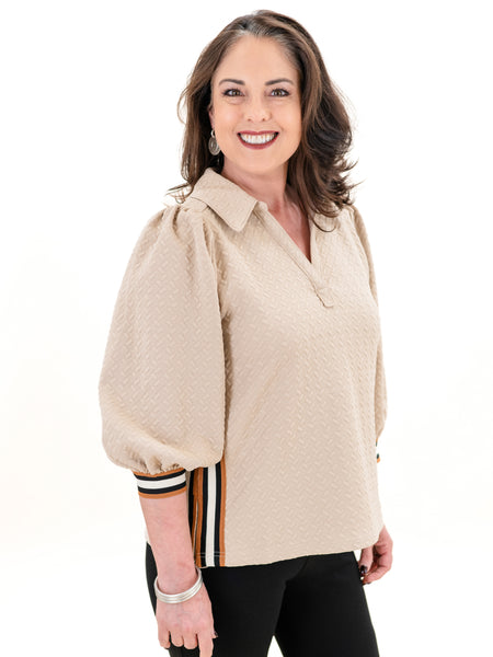 Embossed Puff Sleeve Henley Top Taupe by Entro