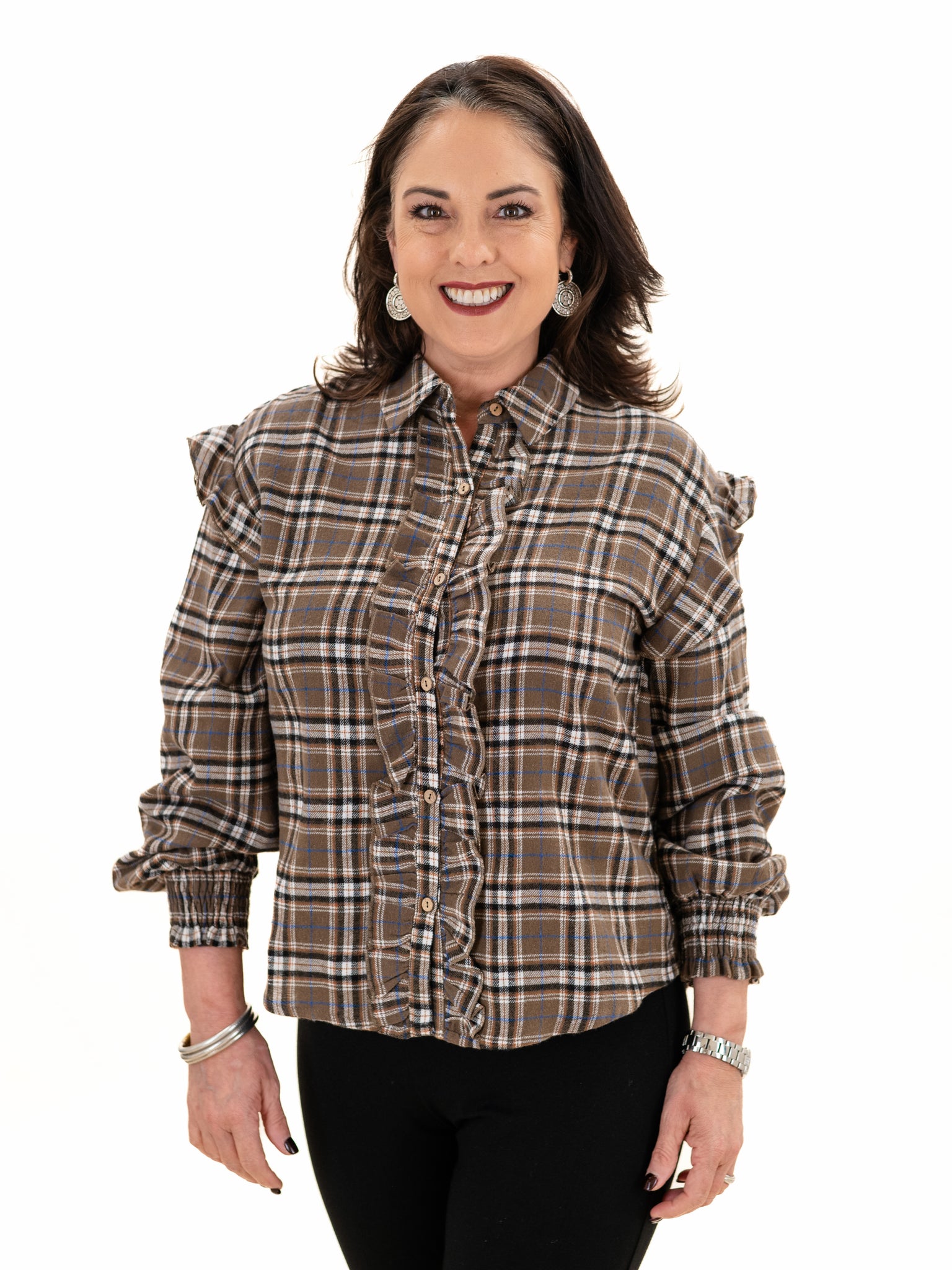 Oversized Plaid Blouse Ash Olive by Coastal Couture