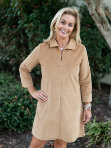 Victoria Dress in Camel Corduroy by Duffield Lane