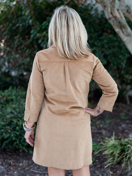 Victoria Dress in Camel Corduroy by Duffield Lane