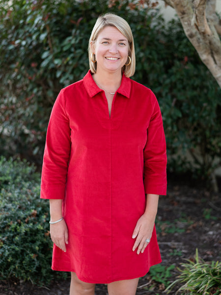 Victoria Dress in Red Corduroy by Duffield Lane