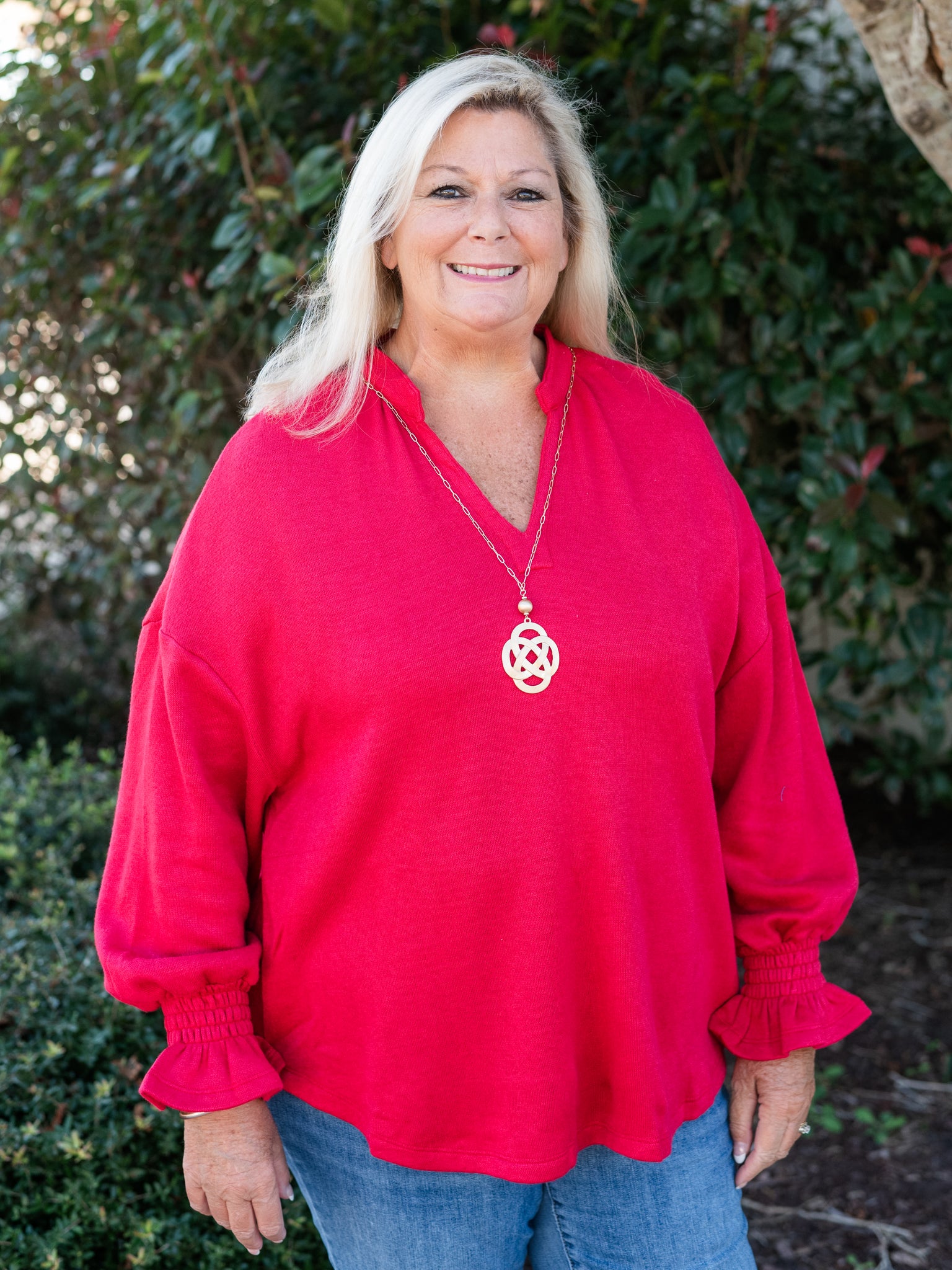 V-Neck Long Sleeve Blouse Red by Boho Chic