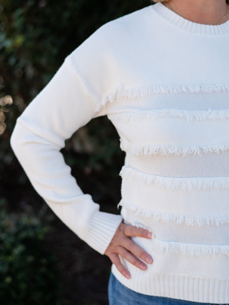Crew Neck Frayed Detail Sweater Cream by Charlie B