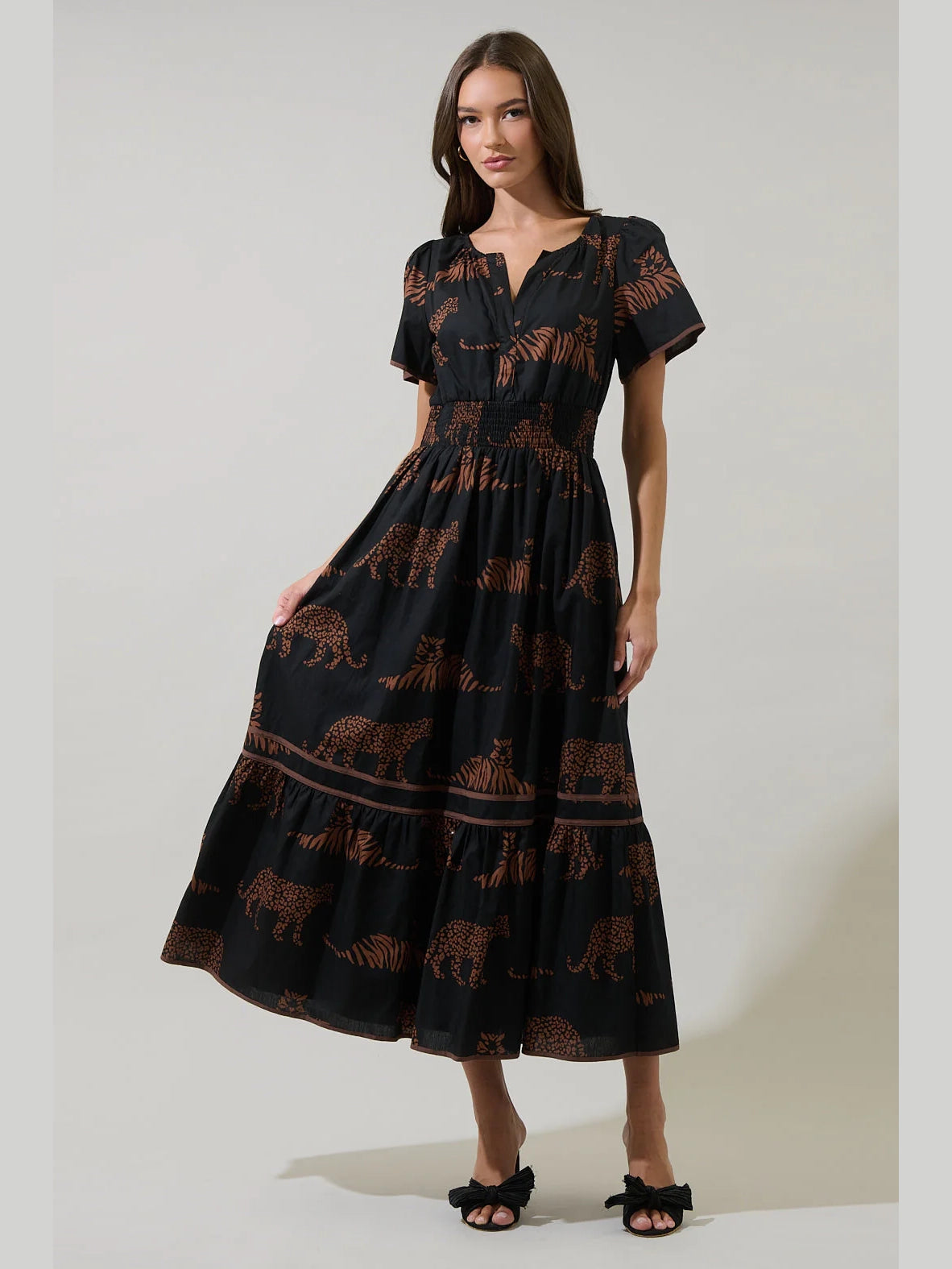Zenzi Jungle Ordy Smocked Midi Dress by Sugarlips
