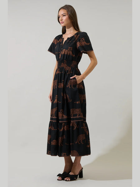 Zenzi Jungle Ordy Smocked Midi Dress by Sugarlips