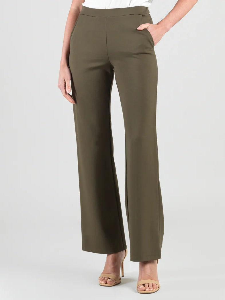 Rayon-Ponte Knit Loose Leg Pocket Pant Olive by Clara Sun Woo