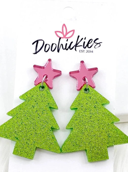 2" Pink Star & Glittery Green Tree Earrings by Doohickies