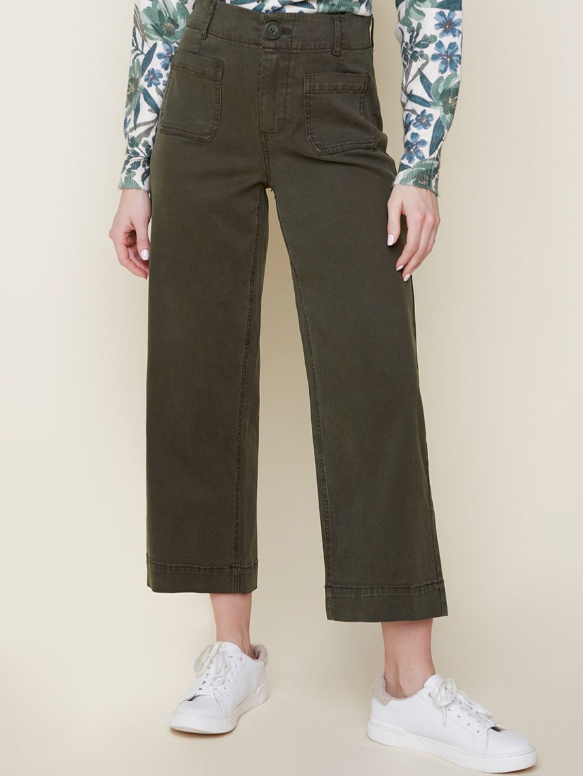 Woven Wide Leg Pant Chive by Renuar