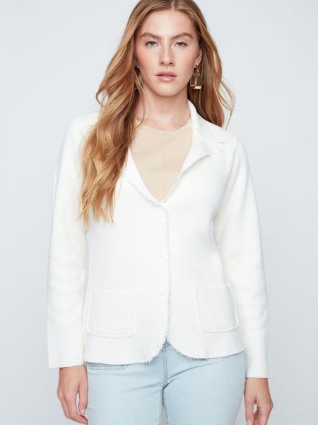 Frayed-Edge Knit Jacket Creme by Renuar