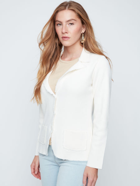 Frayed-Edge Knit Jacket Creme by Renuar