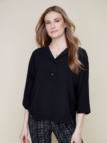 3-Button 3/4 Sleeve Blouse Black by Renuar