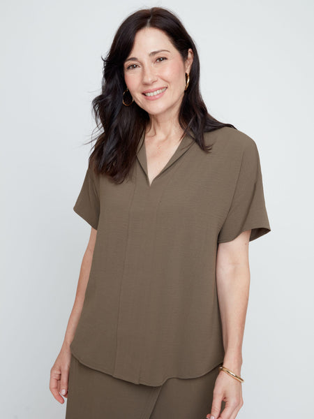Khaki Short Sleeve V-Neck Blouse by Renuar