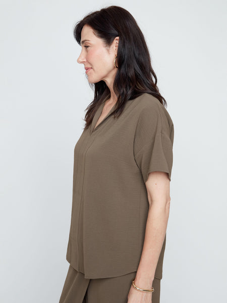 Khaki Short Sleeve V-Neck Blouse by Renuar