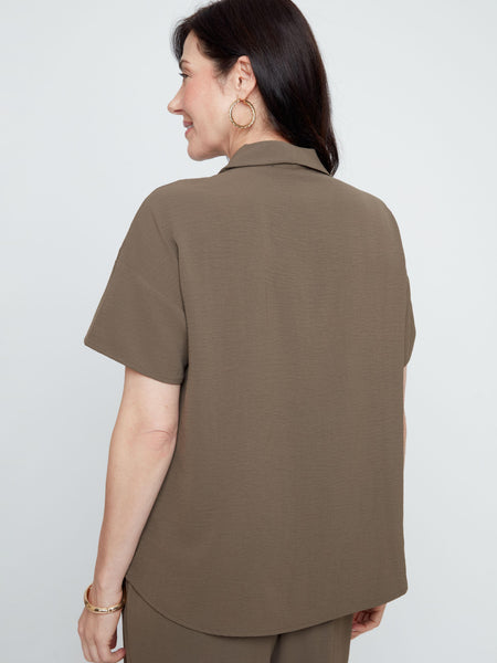 Khaki Short Sleeve V-Neck Blouse by Renuar