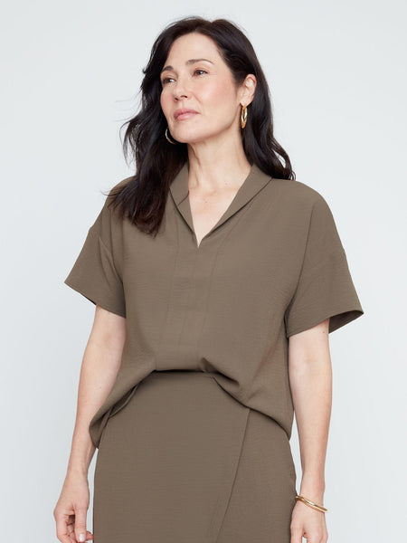 Khaki Short Sleeve V-Neck Blouse by Renuar