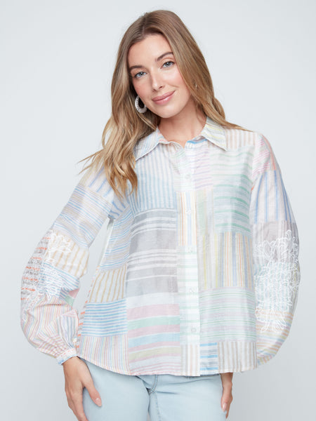 Pastel Patchwork Stripe Button-Down Shirt by Renuar