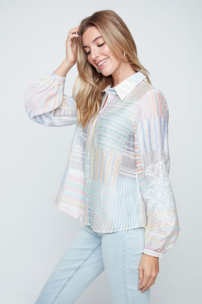 Pastel Patchwork Stripe Button-Down Shirt by Renuar