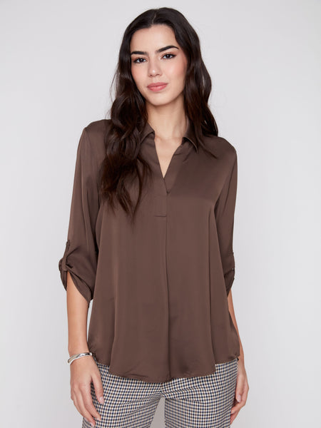 Roll-Tab Sleeve Blouse Chocolate by Renuar