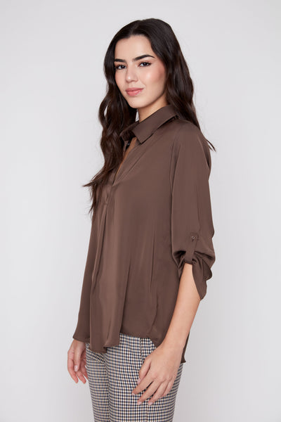 Roll-Tab Sleeve Blouse Chocolate by Renuar