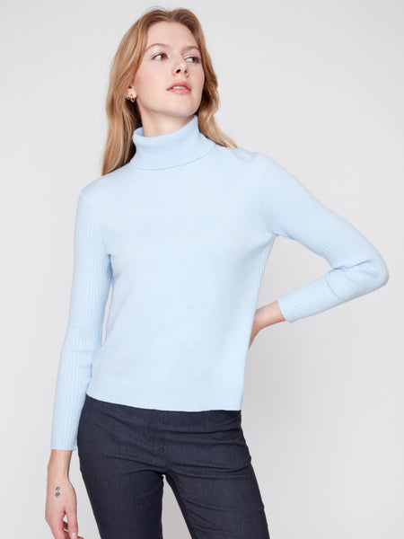 Ribbed Sleeve Turtleneck Sweater Lt Mist by Renuar