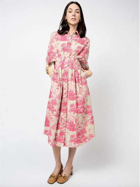 Toile Tucked Dress Pink by Ivy Jane