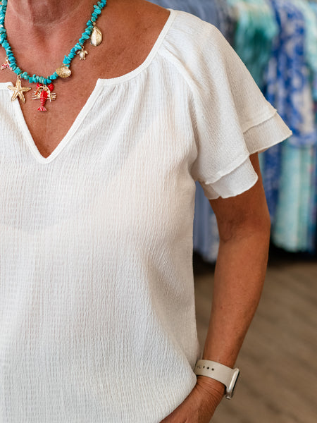 Crinkle Texture Roll Sleeve Top White by Astrologie