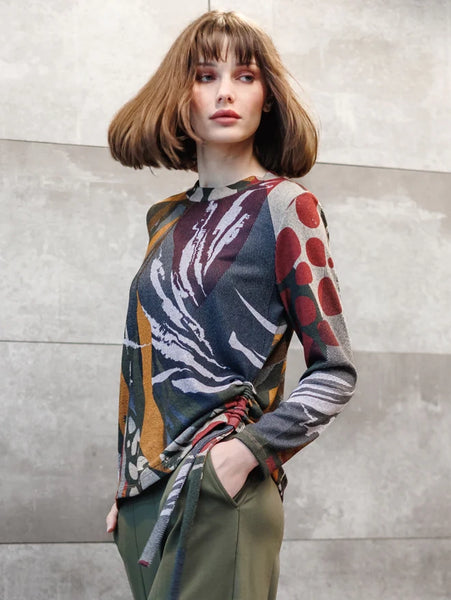 Cozy Knit Side Pull Tie Sweater Top Abstract Harvest by Clara Sun Woo