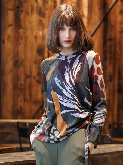 Cozy Knit Side Pull Tie Sweater Top Abstract Harvest by Clara Sun Woo