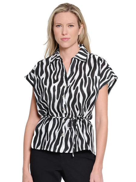 V-Collar Button Up w/ Belt Zebra by Tru Luxe
