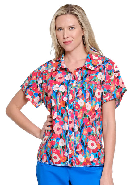 Printed Button Front Shirt w/ Stripe Trim by Tru Luxe