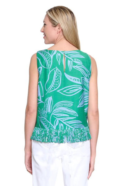 Printed Shell w/ Loop Fringe Trim Green by Tru Luxe