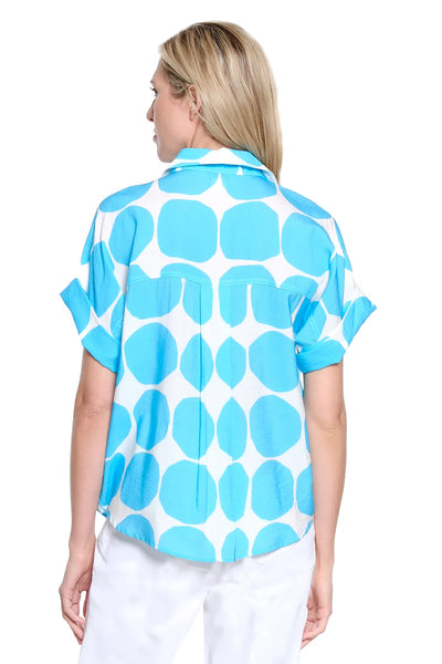 Button Front Campshirt Teal Dot by Tru Luxe