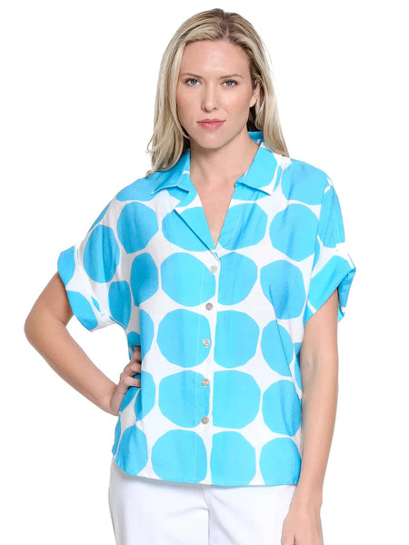 Button Front Campshirt Teal Dot by Tru Luxe