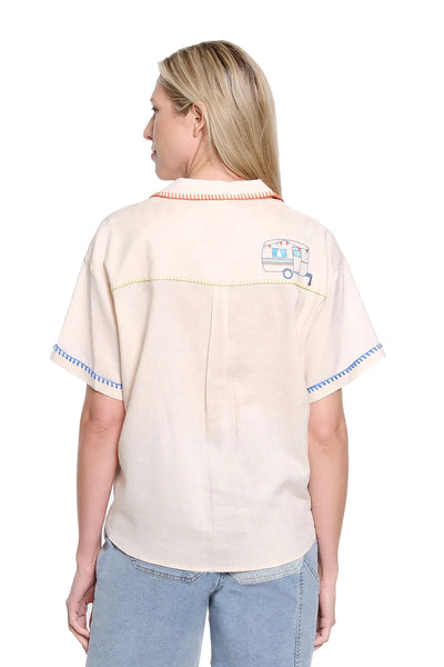 Collar Button Front Shirt w/ Embroidery by Tru Luxe
