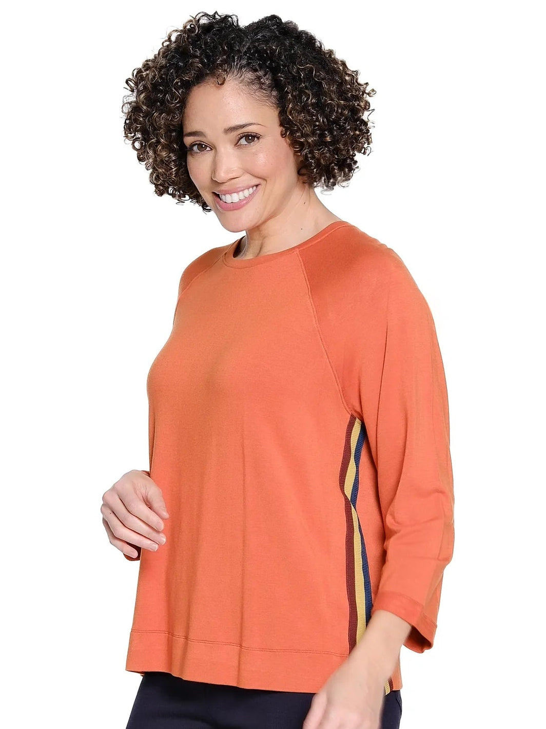 Stripe Trim Raglan Sleeve Top by Tru Luxe