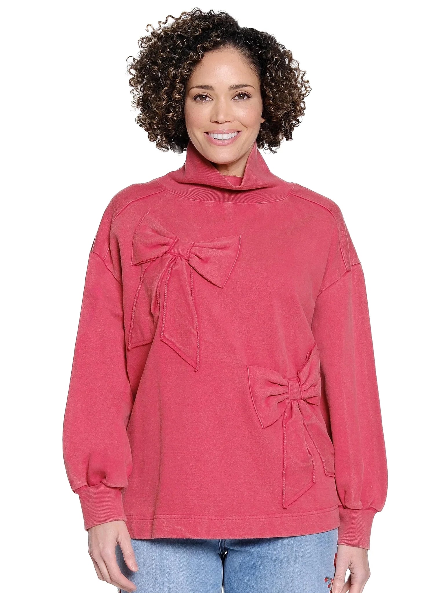 Bow Applique Mock Neck Knit Top Dark Red by Tru Luxe