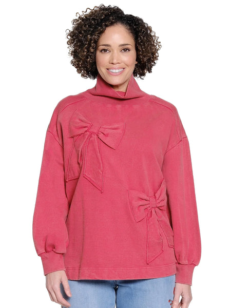 Bow Applique Mock Neck Knit Top Dark Red by Tru Luxe