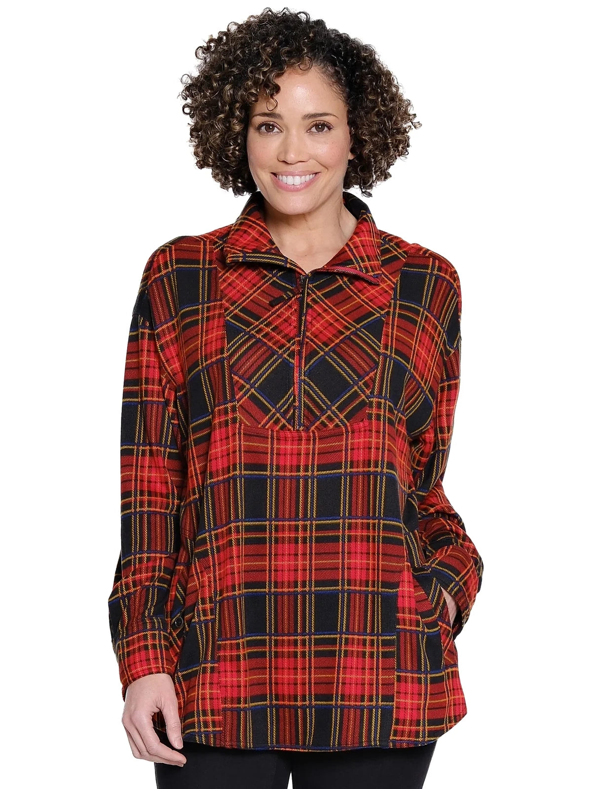 Half Zip Front Plaid Knit Shirt by Tru Luxe