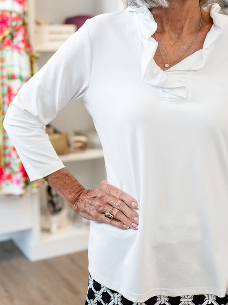 Ruffle Neck 3/4 Sleeve Top White by Lulu B