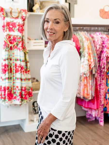 Ruffle Neck 3/4 Sleeve Top White by Lulu B