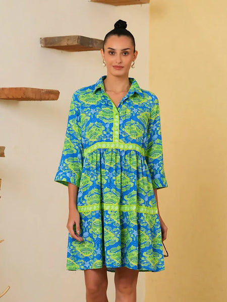 Tropical Print Tiered Shirt Dress Crabcake by Avani del Amour
