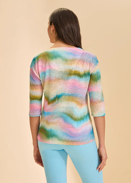 Drop Sholder Notch Neck Top Dip Dye Spritz Stripes by FDJ