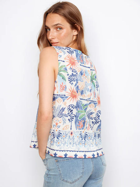 Border Print Sleeveless Blouse w/ Back Button Island by Charlie B