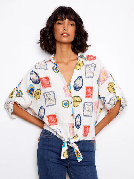 Printed Front Tie Button-Front Blouse Postcard by Charlie B