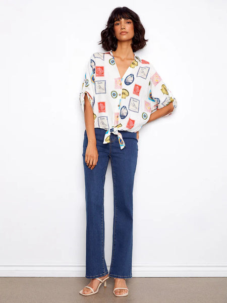 Printed Front Tie Button-Front Blouse Postcard by Charlie B
