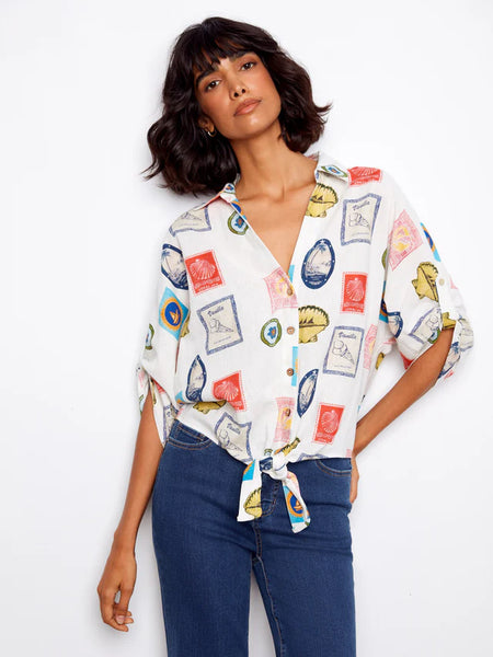 Printed Front Tie Button-Front Blouse Postcard by Charlie B