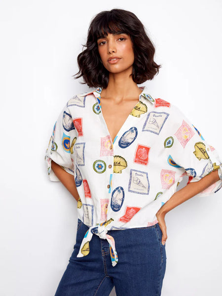 Printed Front Tie Button-Front Blouse Postcard by Charlie B