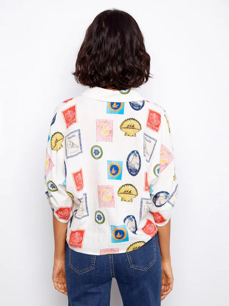 Printed Front Tie Button-Front Blouse Postcard by Charlie B